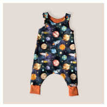 Load image into Gallery viewer, Blue Space, Planets &amp; Rockets Baby &amp; Children&#39;s Romper • ORGANIC • MADE TO ORDER • Kids Romper •
