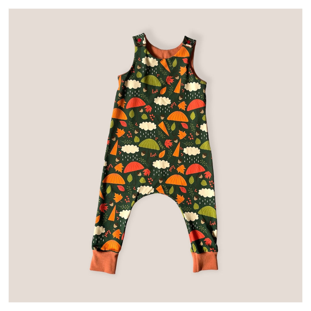 Green Autumn Rainy Days Baby & Children's Romper • ORGANIC • MADE TO ORDER • Kids Romper •