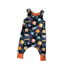 Load image into Gallery viewer, Blue Space, Planets &amp; Rockets Baby &amp; Children&#39;s Romper • ORGANIC • MADE TO ORDER • Kids Romper •
