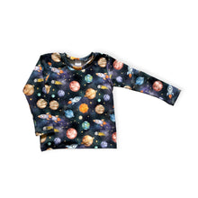 Load image into Gallery viewer, Blue Space, Planets &amp; Rockets Baby &amp; Children&#39;s Long Sleeve Top • ORGANIC • MADE TO ORDER • Kids •
