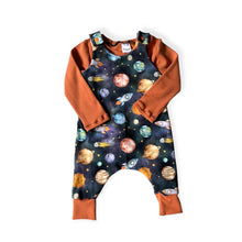 Load image into Gallery viewer, Blue Space, Planets &amp; Rockets Baby &amp; Children&#39;s Romper • ORGANIC • MADE TO ORDER • Kids Romper •
