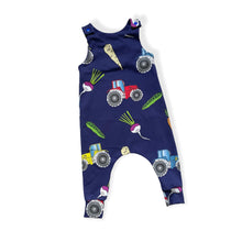 Load image into Gallery viewer, Navy Tractors &amp; Veg Baby &amp; Children&#39;s Romper • ORGANIC • MADE TO ORDER •
