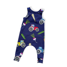 Load image into Gallery viewer, Navy Tractors &amp; Veg Baby &amp; Children&#39;s Romper • ORGANIC • MADE TO ORDER •
