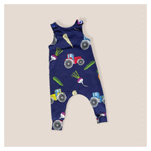 Load image into Gallery viewer, Navy Tractors &amp; Veg Baby &amp; Children&#39;s Romper • ORGANIC • MADE TO ORDER •
