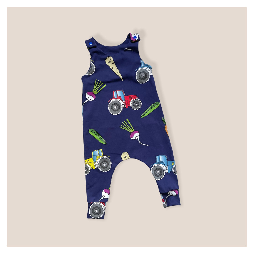 Navy Tractors & Veg Baby & Children's Romper • ORGANIC • MADE TO ORDER •