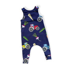 Load image into Gallery viewer, Navy Tractors &amp; Veg Baby &amp; Children&#39;s Romper • ORGANIC • MADE TO ORDER •
